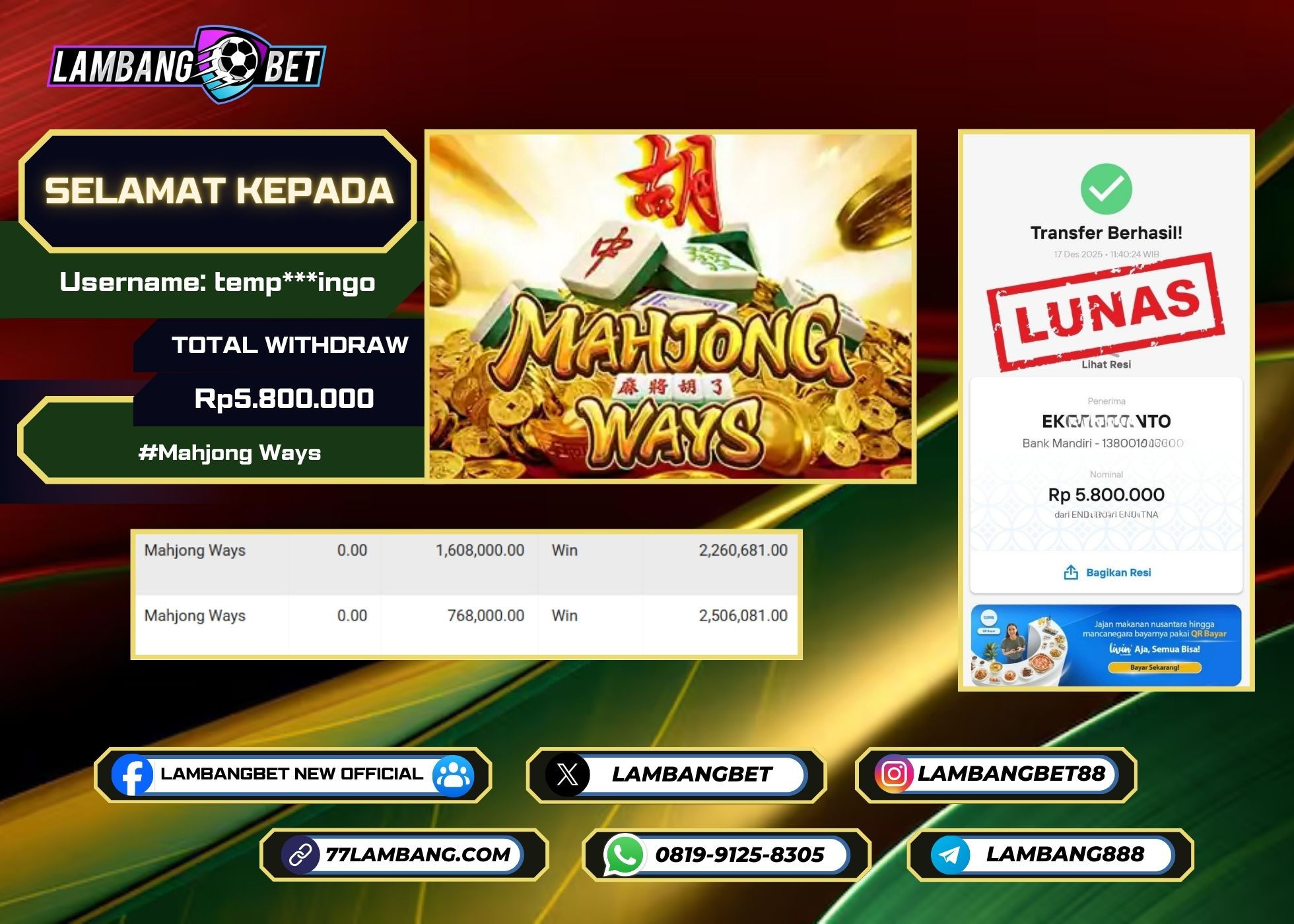 LAMBANGBET [17 DESEMBER 2025] JACKPOT SLOT Mahjong Ways "Rp5.800.000" LUNAS